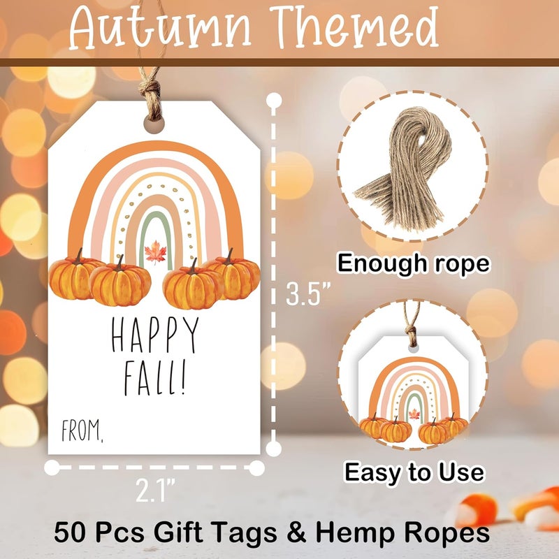 HandEasy 50 Pcs Fall Gift Tags, 2.1"×3.5" Autumn Bohemian Rainbow Thank You Gift Tags for Party Favors, Pumpkin Thanksgiving Gifts Tags for Party Favor - B11 - Image 2